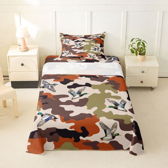 Erosebridal Wild Mallard Duck Twin Sheet Sets, Rustic Multicolor Camoflage Bedding, 1 Flat Sheet, 1 Fitted Sheet and 1 Pillowcase