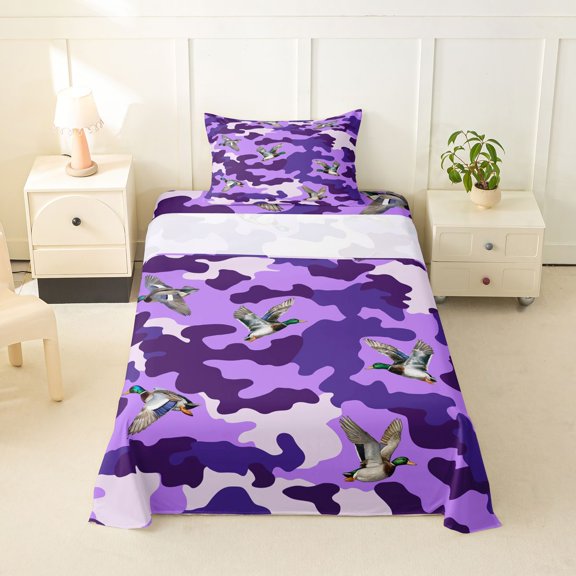 Erosebridal Wild Mallard Duck Twin Sheet Sets, Rustic Purple Camo Bedding, 1 Flat Sheet, 1 Fitted Sheet and 1 Pillowcase