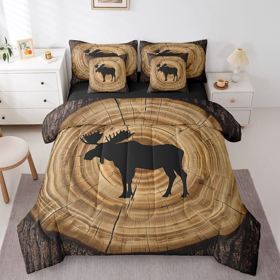Erosebridal Wild Moose Bedding Sets Twin Size Jungle Animal Comforter Sets with Sheets,Brown Circle Wooden Bed in a Bag Twin Size,Ultra Soft Bedroom Decorative Reversible,7-Piece