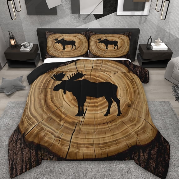 Erosebridal Wild Moose Comforter Sets Queen Size Jungle Animal Comforters & Duvets,Brown Circle Wooden Bedding Queen Comforter Set,Ultra Soft Bedroom Decorative Reversible,3-Piece