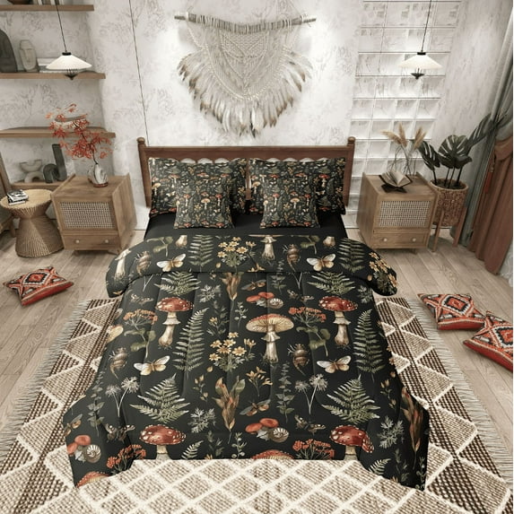 Erosebridal Wild Mushroom Bed in a Bag Twin Size, Botanical Theme Bed Set, Black Bedroom Decor, Reversible 7 Pieces