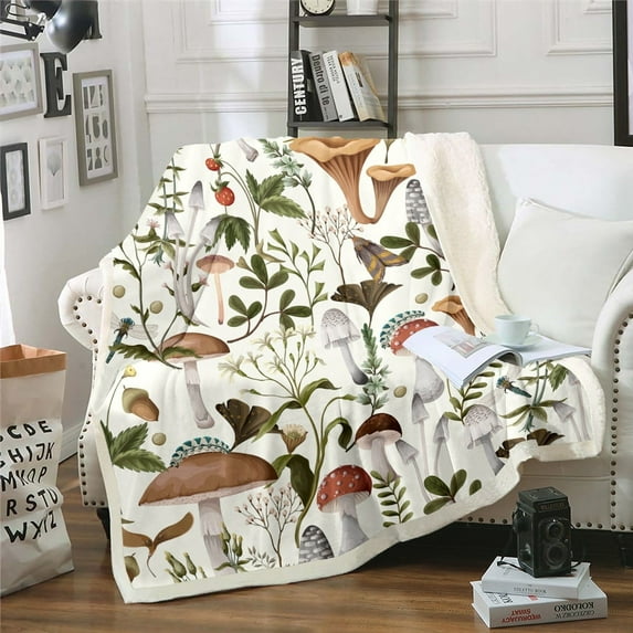 Erosebridal Wild Mushroom Twin 60x80 inch Fleece Blanket Outdoor Natural Plants Sherpa Blanket Lovers Botanical Leaves Rustic Plush Blanket Vintage Flowers Woodland Mushrooms Throw Blanket Soft,White