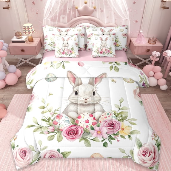 Erosebridal Wild Rabbit 7-Piece Twin Bedding Sets,Pink Flowers Blossom Bedding Comforter Set For Girls Teens,Reversible