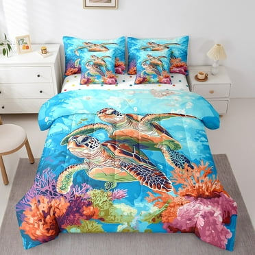 Erosebridal Sea Turtle Bedding Sets Twin Size,Underwater World Comforter Sets with Sheets,Animal Bedroom Decor,Reversible,Breathable,7-Piece