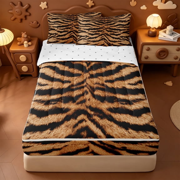 Erosebridal Wild Tiger Stripe Zipper Twin Comforter Sets with Fitted Sheet and 2 Pillowcases,Jungle Animal Lines Art Zipper Bedding Set For Girls,Reversible,4pcs