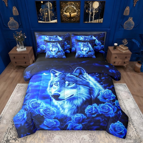 Erosebridal Wild Wolf Bedding Comforter Set, Blue Rose Floral Queen Bedding Sets, Black Reversible, 7 Pieces