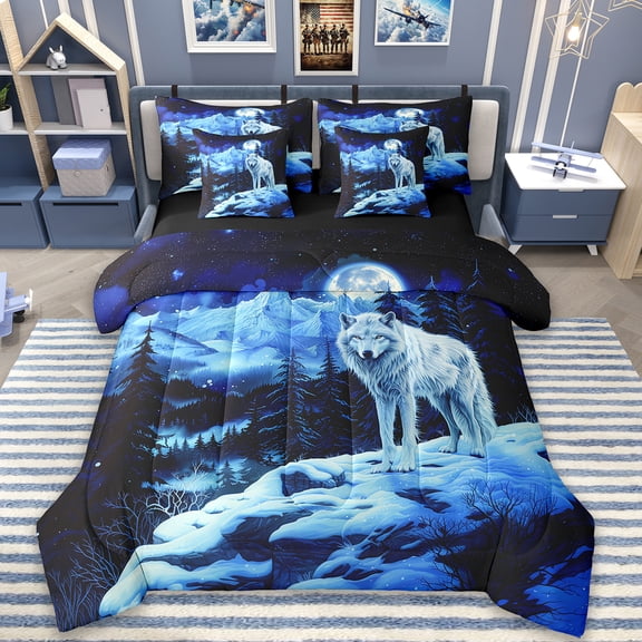 Erosebridal Wild Wolf Bedding Queen Size,Wildlife Snow Mountain Tree Comforter Sets with Sheets,Starry Night Bedding Sets Queen Size For Youth,Breathable Room Decor Reversible,7-Piece