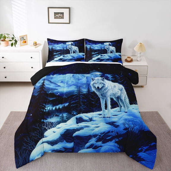 Erosebridal Wild Wolf Bedding Twin Comforter Set,Wildlife Snow Mountain Tree Down Comforter,Starry Night Bedding Sets Twin with Comforter For Youth,Breathable Room Decor Reversible,2-Piece