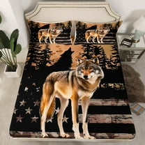 Erosebridal Wolf Fitted Sheet Set Twin,Vintage American Flag Bedding Twin Size,Woodland Animal Decor,2pcs(No Top Sheet)