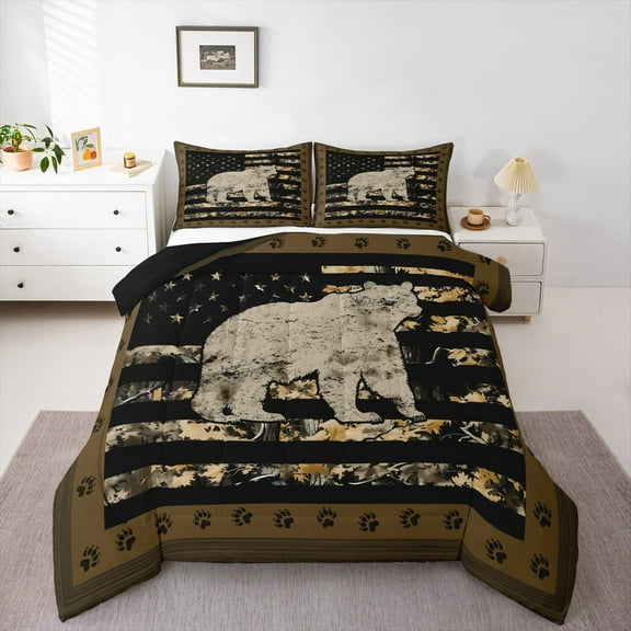Erosebridal Wildlife Animal Bear Bedding Queen Comforter Set,American Flag Down Comforter,Black Brown Bedding Sets Queen with Comforter,Ultra Soft Bedroom Decorative Reversible,3 Pieces
