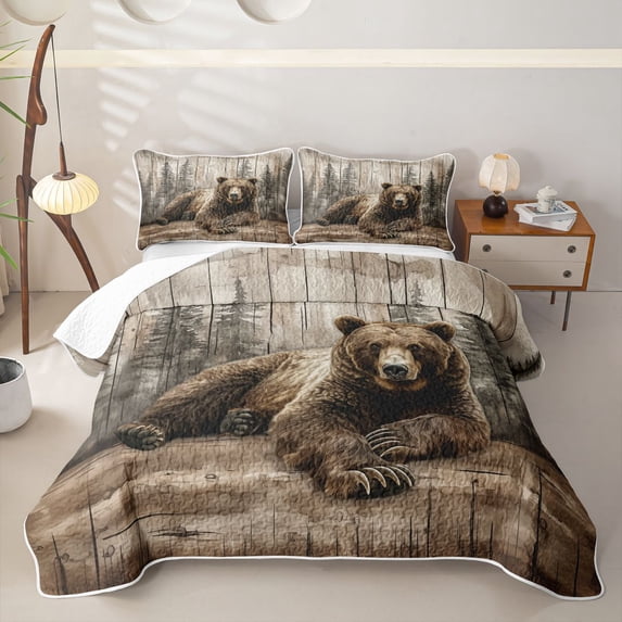 Erosebridal Wildlife Bear Quilt Full for Boys Men, Rustic Wooden Cabin Print Full Bedspread Sets, 3 Pieces