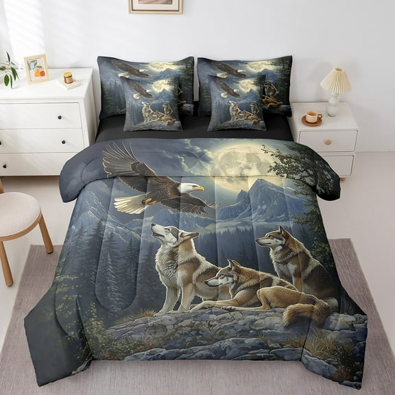 Erosebridal Wildlife Bed in a Bag Queen size, Jungle Wolf Bed Set, Rustic Animal Reversible Bedding Queen Size, Ultra Soft Room Decorative, 7pcs