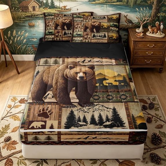 Erosebridal Wildlife Collage Pattern Zipper Queen Comforter Set with Fitted Sheet and 2 Pillowcases,Wood Panel Print Zipper Bedding Set,Tan Brown Green,Black Reversible