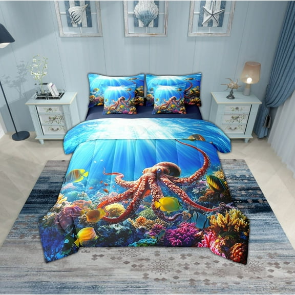 Erosebridal Sealife Octopus Bedding Sets Twin Size,Marine Animal Comforter Sets with Sheets,Sea Room Decorative,Reversible,Breathable,7pcs
