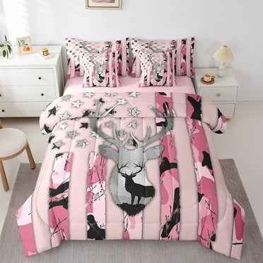 Erosebridal Wildlife Deer Bedding Twin Size, Pink Bedding Sets Twin Size, Camouflage Print Decor, Reversible 7-Piece