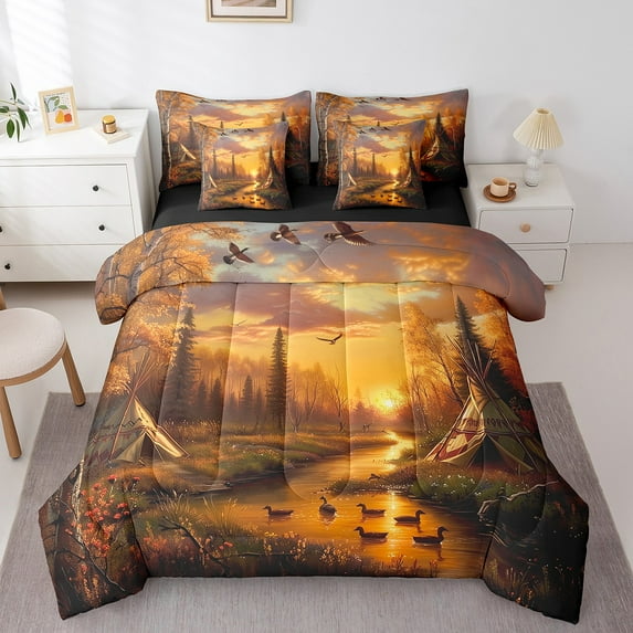 Erosebridal Wildlife Duck Bedding Sets King Size,Lodge Cabin Bed in a Bag King size,Lake Life Bedding King Size,Microfiber Rustic Bedroom Decorative,Reversible,7 Pieces
