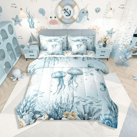 Erosebridal Wildlife Jellyfish Bedding Sets Full Size,Marine Sealife Bed in a Bag Full size,Underwater World Decor,Reversible,Breathable,7-Piece