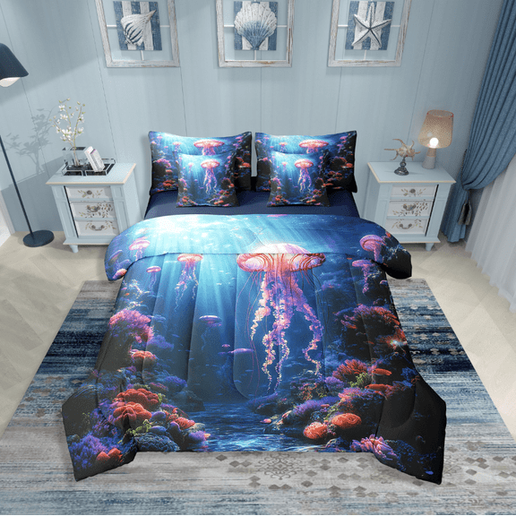 Erosebridal Wildlife Jellyfish Bedding Sets Twin Size,Ocean Animal Comforter Sets with Sheets,Sealife Decor,Reversible,Breathable,7-Piece
