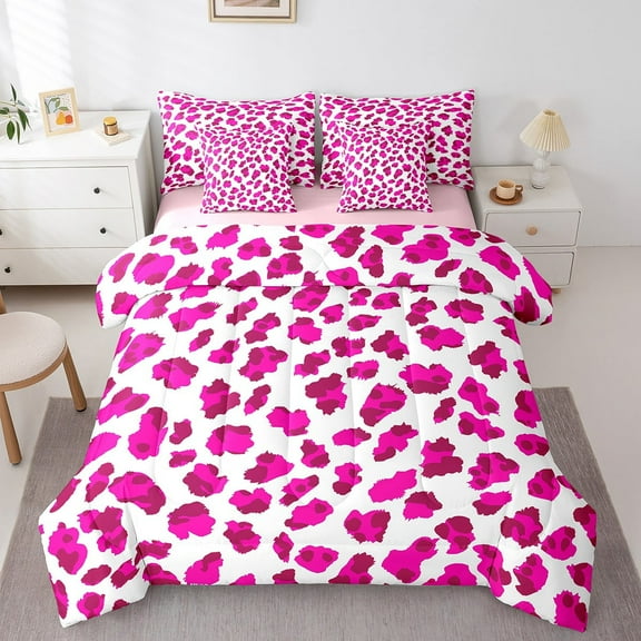Erosebridal Wildlife Leopard Bed In A Bag Full Size,Pink Animal Print Bed Set,Jungle Decor,Reversible,Breathable,7-Piece