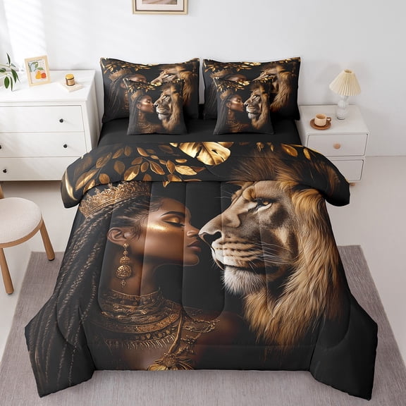 Erosebridal Wildlife Lion Bedding Sets Twin Size,Black Princess Comforter Sets with Sheets,Jungle Animal Bed in a Bag Twin size,Microfiber Safari Room Decorative,Reversible,7pcs