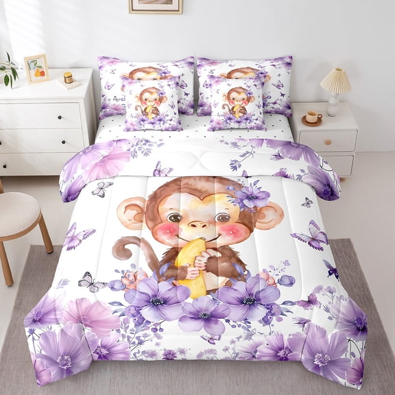 Erosebridal Wildlife Monkey Bed in a Bag Twin size, Cute Animal Bed Set, Dreamy Flower Reversible Bedding Twin Size, Ultra Soft Bedroom Decorative, 7pcs