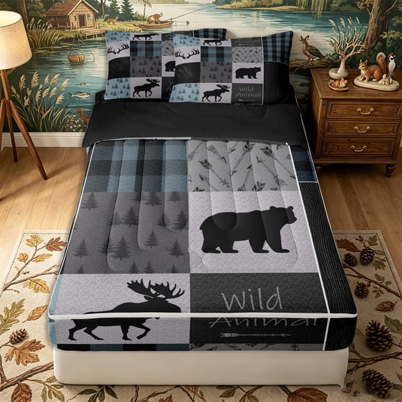 Erosebridal Wildlife Moose Pattern Zipper Queen Comforter Set with Fitted Sheet and 2 Pillowcases,Buffalo Plaid Print Zipper Bedding Set,Blue Grey,Black Reversible