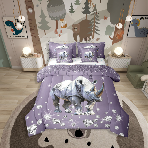 Erosebridal Wildlife Rhinoceros Bedding Queen Size,Bling Sequin Print Bed In A Bag Queen Size,Crystal Room Decorative,Reversible,Lightweight,7 Pieces