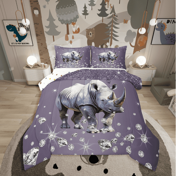Erosebridal Wildlife Rhinoceros Bedding Twin Comforter Set,Bling Sequin Print Down Comforter,Crystal Room Decorative,Reversible,2-Piece