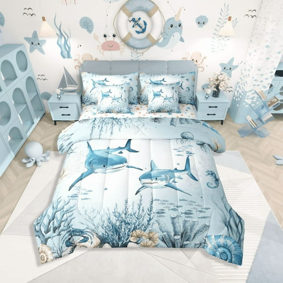 Erosebridal Wildlife Shark Bedding Sets Twin Size,Marine Sealife Comforter Sets with Sheets,Underwater World Decor,Reversible,7pcs