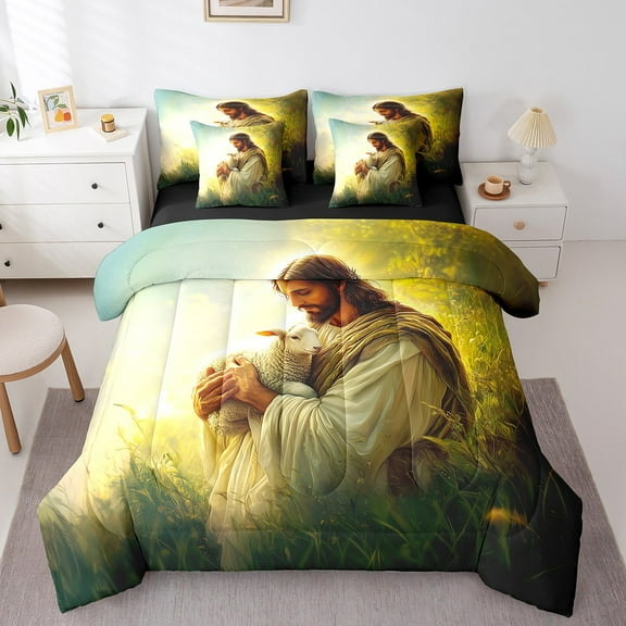Erosebridal Wildlife Sheep Bedding Sets Twin Size,Christian Jesus Comforter Sets with Sheets,College Dorm Decoration,Reversible,Lightweight,7-Piece