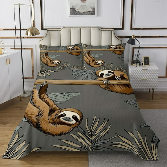 Erosebridal Wildlife Sloth Bedspread Sets Twin Size,Botanical Plants Bed Quilt,Wild Animal Decoration,Breathable,2pcs