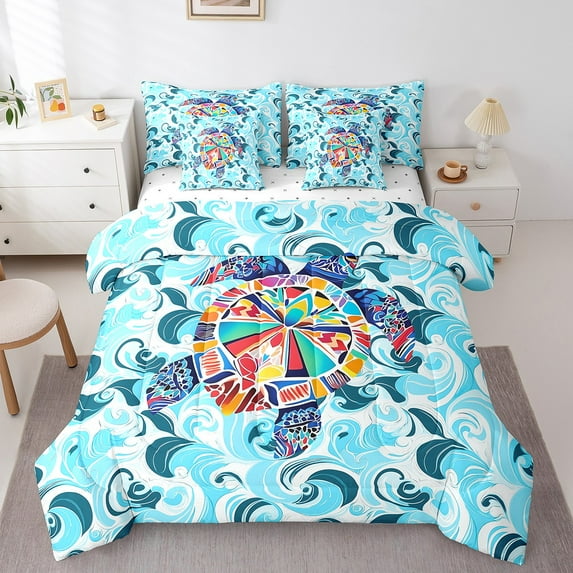 Erosebridal Wildlife Turtle Bed In A Bag King Size,Underwater World Bedding Sets King Size,Marine Animal Decoration,Reversible,Super Cozy,7 Pieces