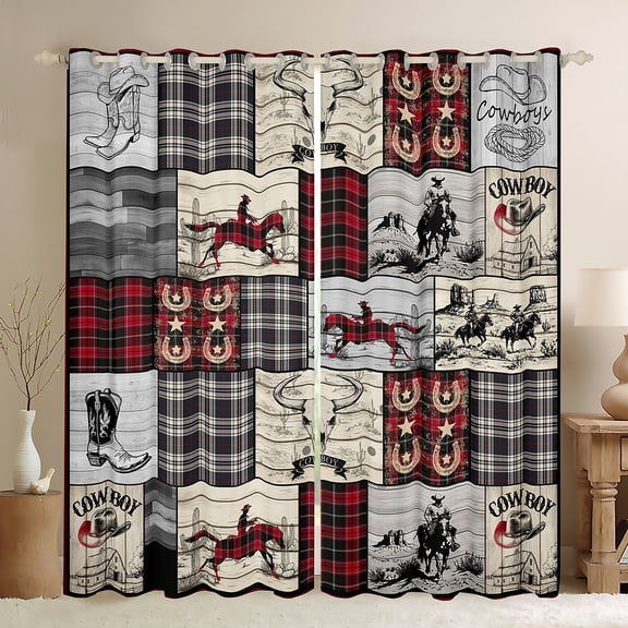 Erosebridal Window Curtains Western Cowboy 42"Wx84"L Curtains Country Farmhouse Plaid Horse Cow Curtains & Drapes American Wild West Window Treatments 2 Panels Red Black Grey Cowboy Room Decor