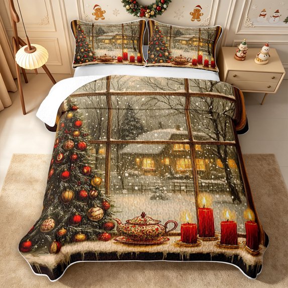 Erosebridal Window Scene Bed Spread Queen 3pcs,Winter Evening Queen Coverlet Set,Gold,1 Quilt and 2 Pillowcases