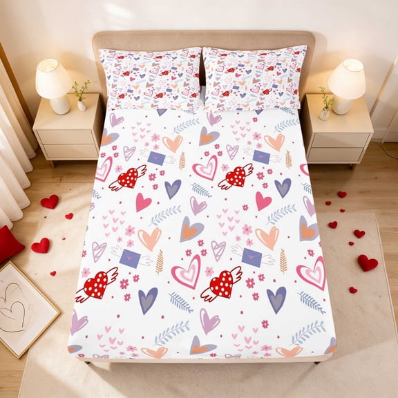 Erosebridal Winged Heart Love Letter Envelope Twin Fitted Sheet for Girls, Floral Mail Romantic Bedding 2-Piece 1 Fitted Sheet and 1 Pillowcase