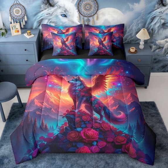 Erosebridal Winged Wolf Red Roses Aurora Print Twin Bedding Sets, Fantasy Wildlife Bedding Comforter Set for Men and Women, Black Reversible 7 Pieces