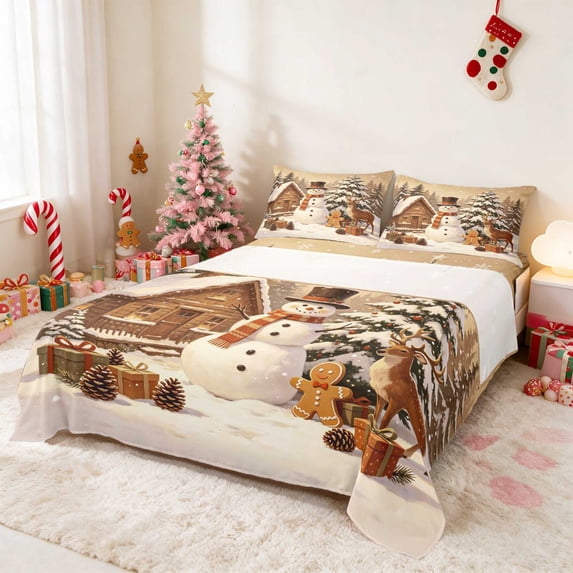 Manfei Winter Bed Sheets Christmas Full Size Sheets, Peach Pink 4pcs (1 Flat Sheet, 1 Fitted Sheet and 2 Pillowcases)