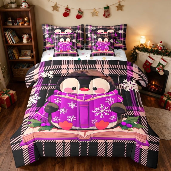 Manfei Winter Full Size Bedding Sets 7-Piece Christmas Full Size Bed in a Bag, Red White, Xmas Reversible