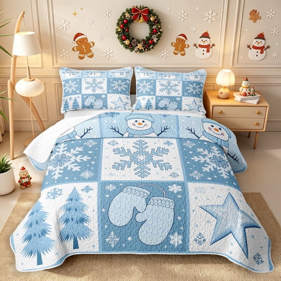 Erosebridal Winter Snowman Quilt Full 3-Piece,Christmas Snowflakes Full Bedspread Sets,Dark Blue,1 Coverlet and 2 Pillowcases