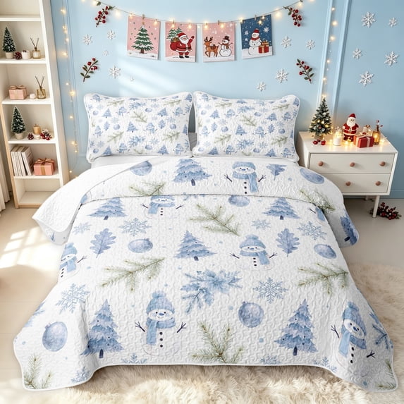 Erosebridal Winter Snowman Twin Quilt Set, Christmas Tree Twin Coverlet Set, White Blue, 2-Piece, 1 Bedspread and 1 Pillowcase