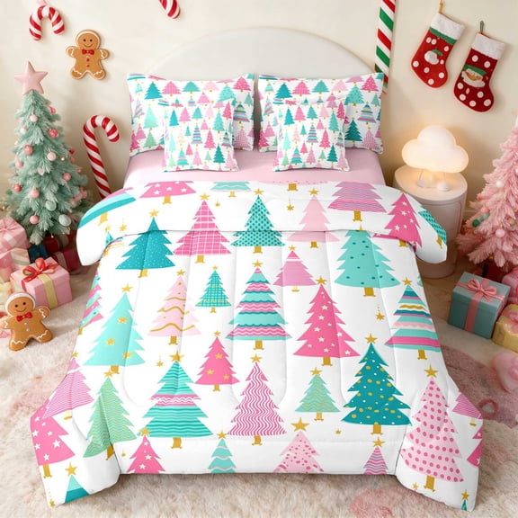Manfei Winter Twin Bedding 7pcs Christmas Bedding Comforter Set, Cream Green, Pink Reversible