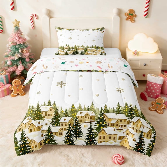 Manfei Winter Twin Comforter Sets Christmas Bedding Set, Green Gold 2-Pieces 1 Comforter and 1 Pillowcase, Xmas Reversible