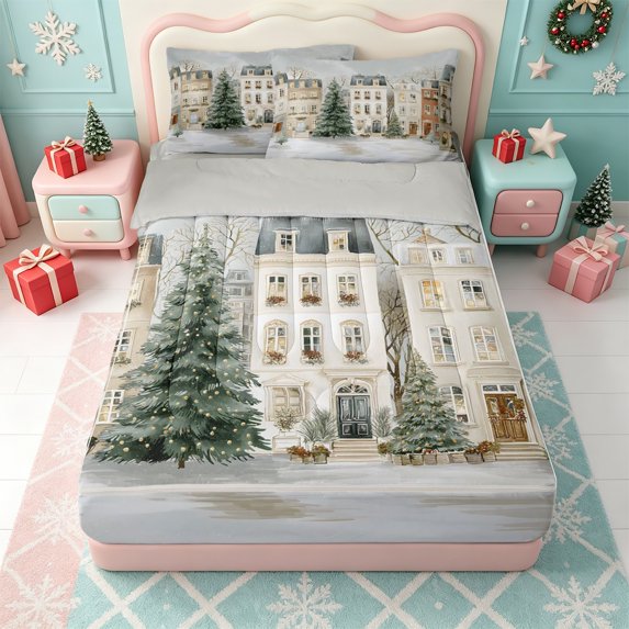 Erosebridal Winter Village Zipper Twin Comforter Sets with Fitted Sheet and 2 Pillowcases,Cozy Christmas Scene Zipper Bedding Set,Light Gray Reversible,4 Pieces