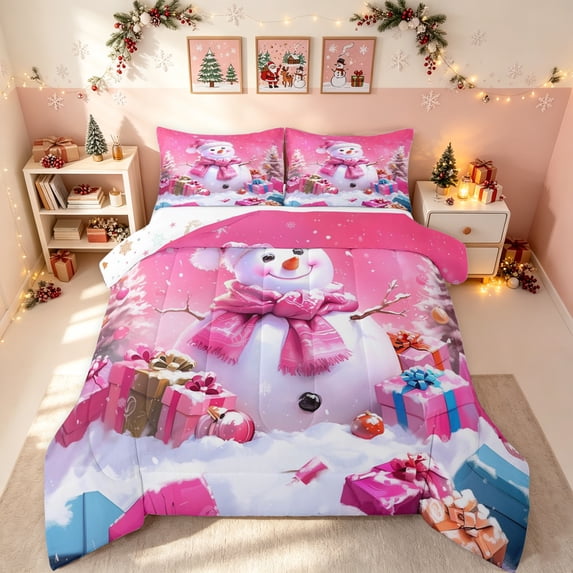 Erosebridal Winter Wonderland King Size Comforter Sets, Kawaii Xmas Snowman Comforters King Size, Pink, Christmas Reversible, 3pcs, 1 Comforter and 2 Pillowcases