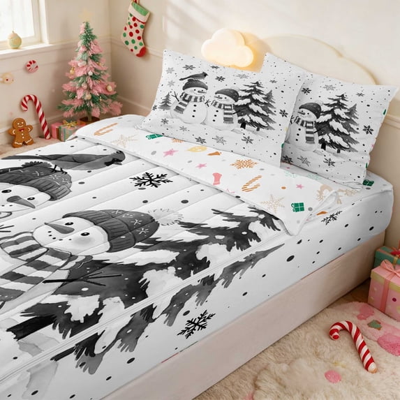 Manfei Winter Zipper Twin Comforter Sets with Fitted Sheet and 2 Pillowcases Christmas Zipper Bedding Set, Brown Cream, Xmas Reversible