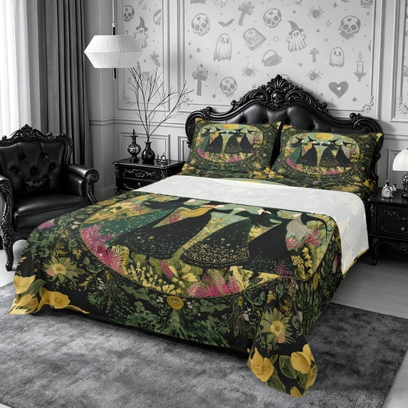 Erosebridal Witch Circle Bed Sheets 4-Piece,Witchy Garden Full Size Sheets,Green,1 Flat Sheet, 1 Fitted Sheet and 2 Pillowcases