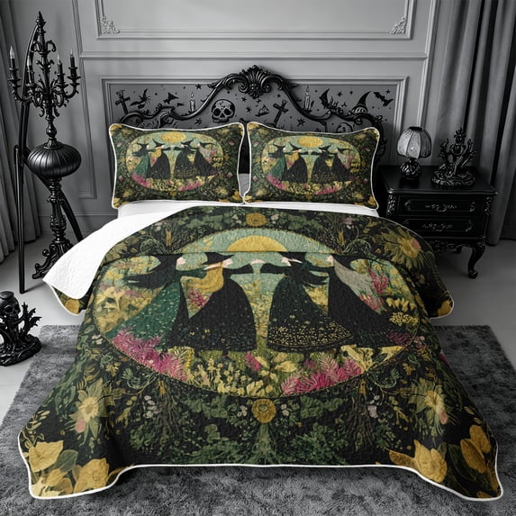 Erosebridal Witch Circle Bed Spread Queen 3pcs,Witchy Garden Queen Coverlet Set,Green,1 Quilt and 2 Pillowcases