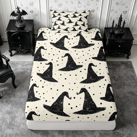 Erosebridal Witch Hats Twin Fitted Sheet 2 Pieces,Happy Halloween Bedding,Cream,1 Fitted Sheet and 1 Pillowcase