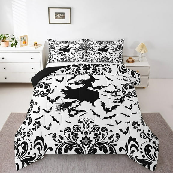 Erosebridal Witch Print Bedding Sets King with Comforter, Boho Damask Duvet Insert, Halloween Bat Reversible Comforters & Duvets, Ultra Soft Bedroom Decoration, 3-Piece