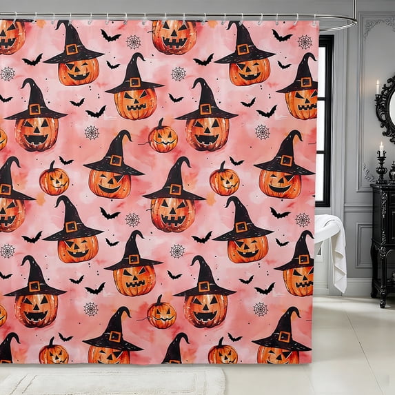 Erosebridal Witch Pumpkin Shower Curtain 72Wx78L,Cute Halloween Bath Curtain,Coral Pink